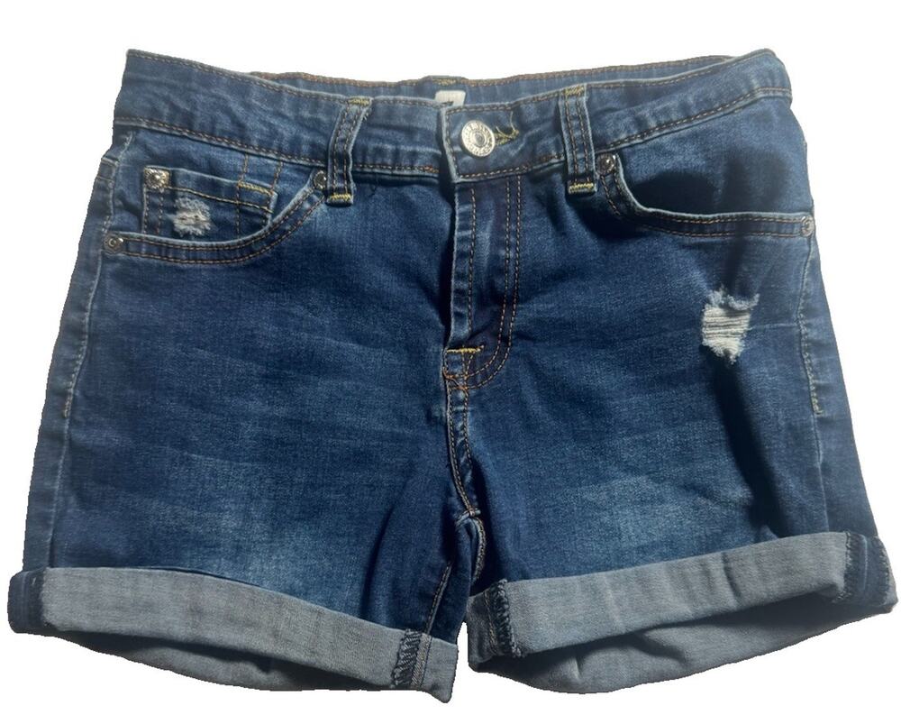 7 For All Mankind Girls Denim Shorts Blue Distressed Cuffed Stretch Size 7